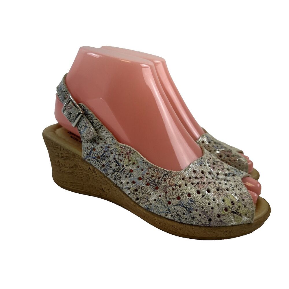 Spring Step Jaciosing Slingback Sandal Wedge Nubuck Metallic Floral Womens 36 6